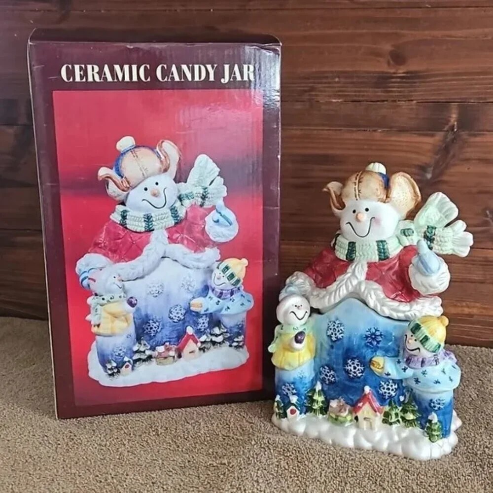 Colorful Detailed 2000 S-H Ceramic Candy Jar Snowman & Children in the Snow T18